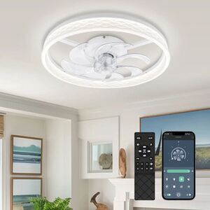 White Modern Ceiling Fan Fandelier w Light Remote & App Quiet Adjustable LED